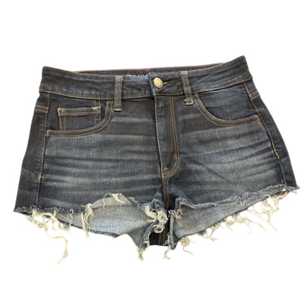American Eagle Super‎ Stretch Dark Wash Frayed Raw Hem Denim Shorts Womens 6